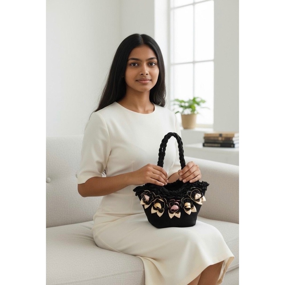 Pashmina Fabric Handbag Embellished with Fabric Flowers and Ruffled Trim